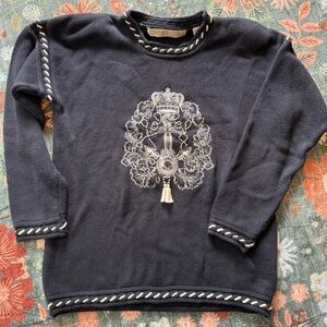 VTG Josephine Chaus Sweater 100% Cotton Sweater Navy Blue Nautical Embroidery